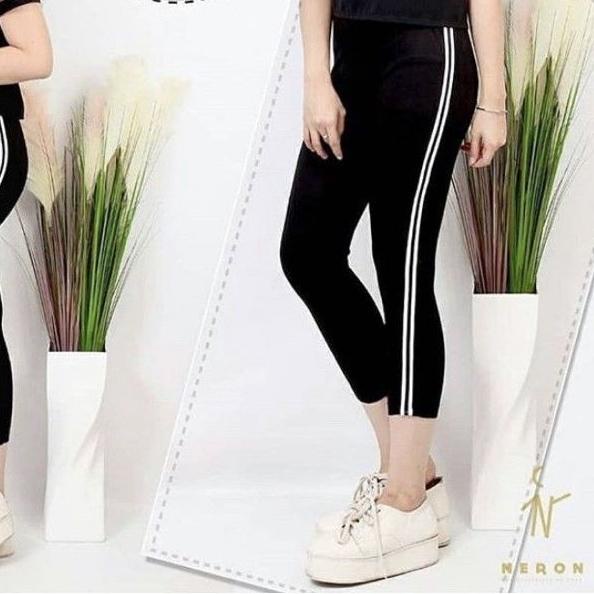 ✫ Legging 7/8 List Putih Wanita Import Premium Bahan Tebal Legging Pendek 7 8 Sport Jogging Gym Yoga
