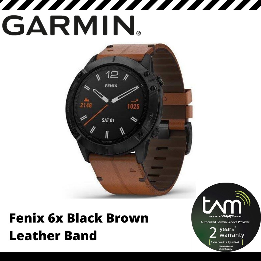 Garmin Fenix 6X Black DLC with Brown Leather Band - Tam 2 Tahun