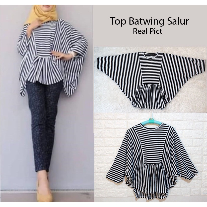 Blus salur batwing/outfit hijab looks/atasan wanita salur lengan kalong/baju wanita kaos murah