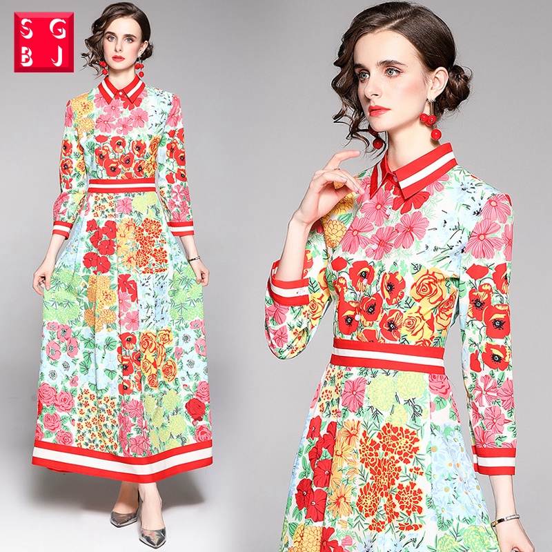 SGBJ Baju Gamis Floral Dress Wanita Motif Vintage Lengan Panjang  Party Maxi Dress