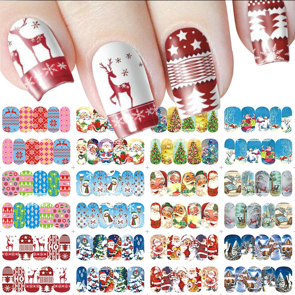 

Kuku Seni Kuku Stiker Tahun Baru Slider Tato 12 Lembar Stiker Air Natal Santa Klausa Snowman Penuh