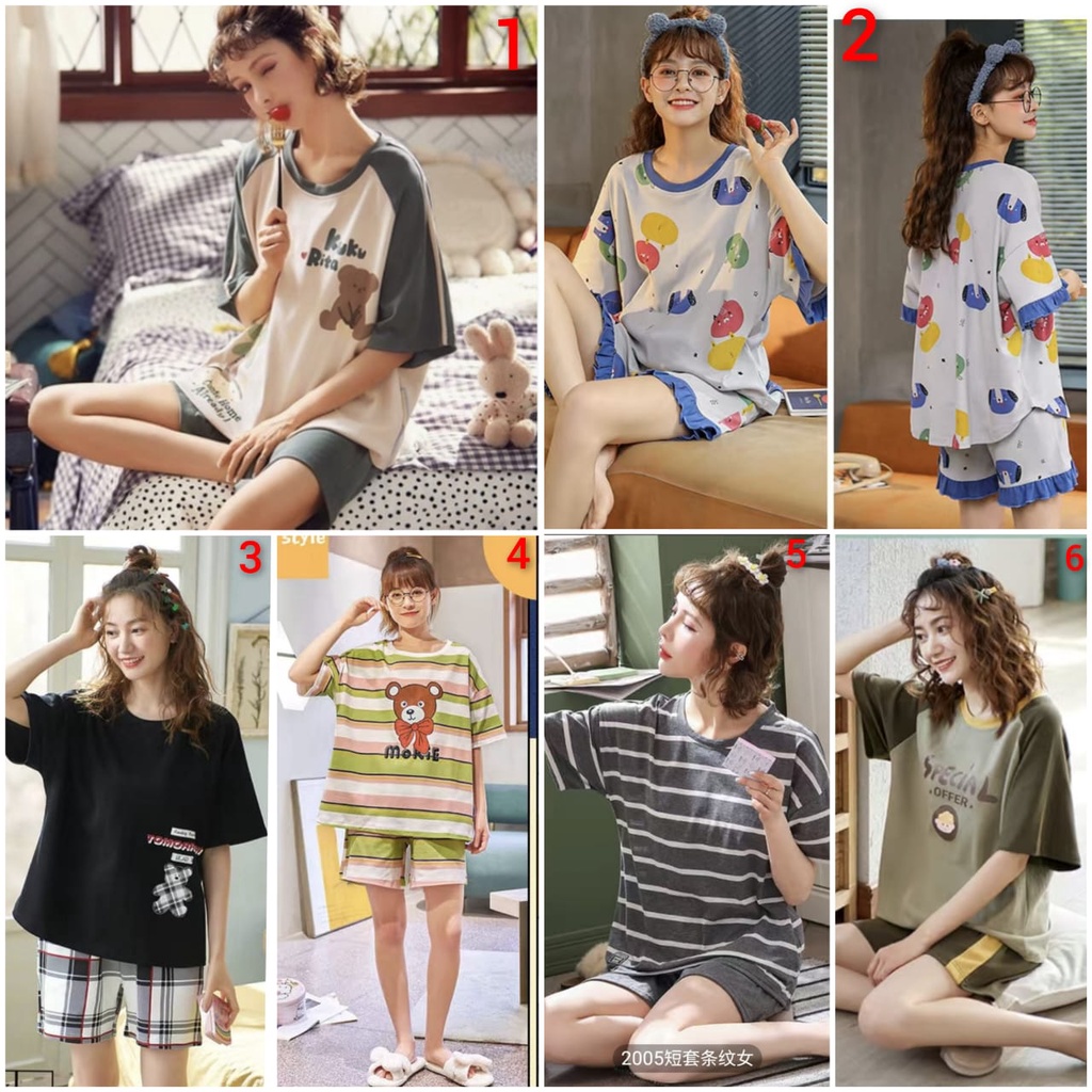 Baju tidur piyama lengan pendek celana pendek bahan kaos import