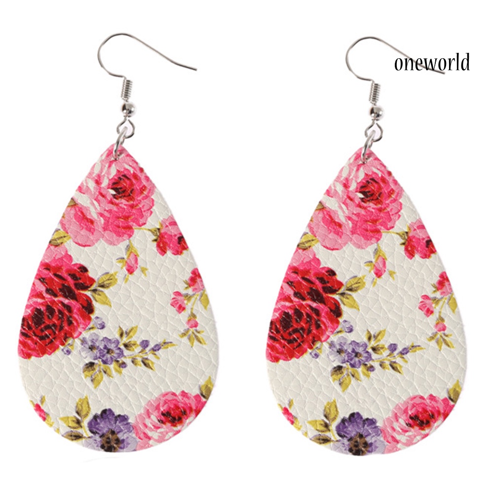 OW@ Boho Women Floral Pattern Teardrop Dangle Faux Leather Hook Earrings Jewelry