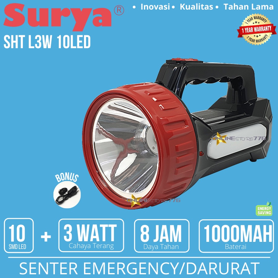 LAMPU SENTER LED EMERGENCY SURYA SHT L3W 10LED / EMERGENCY LAMP LED / RECHARGEABLE / TAHAN 7 JAM CAHAYA PUTIH