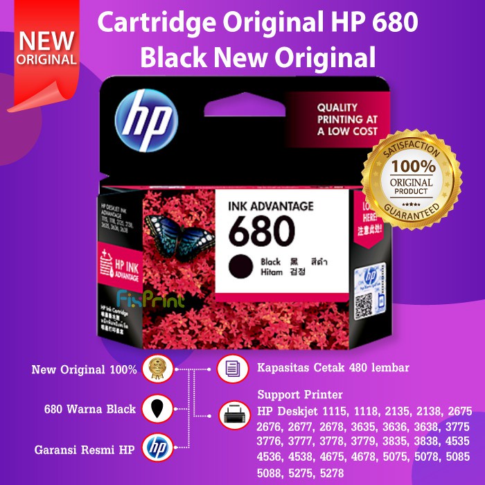 Tinta HP 680 Black Original Ink Advantage Cartridge Color Ori   Printer 2676 2677 2678 3635 3636