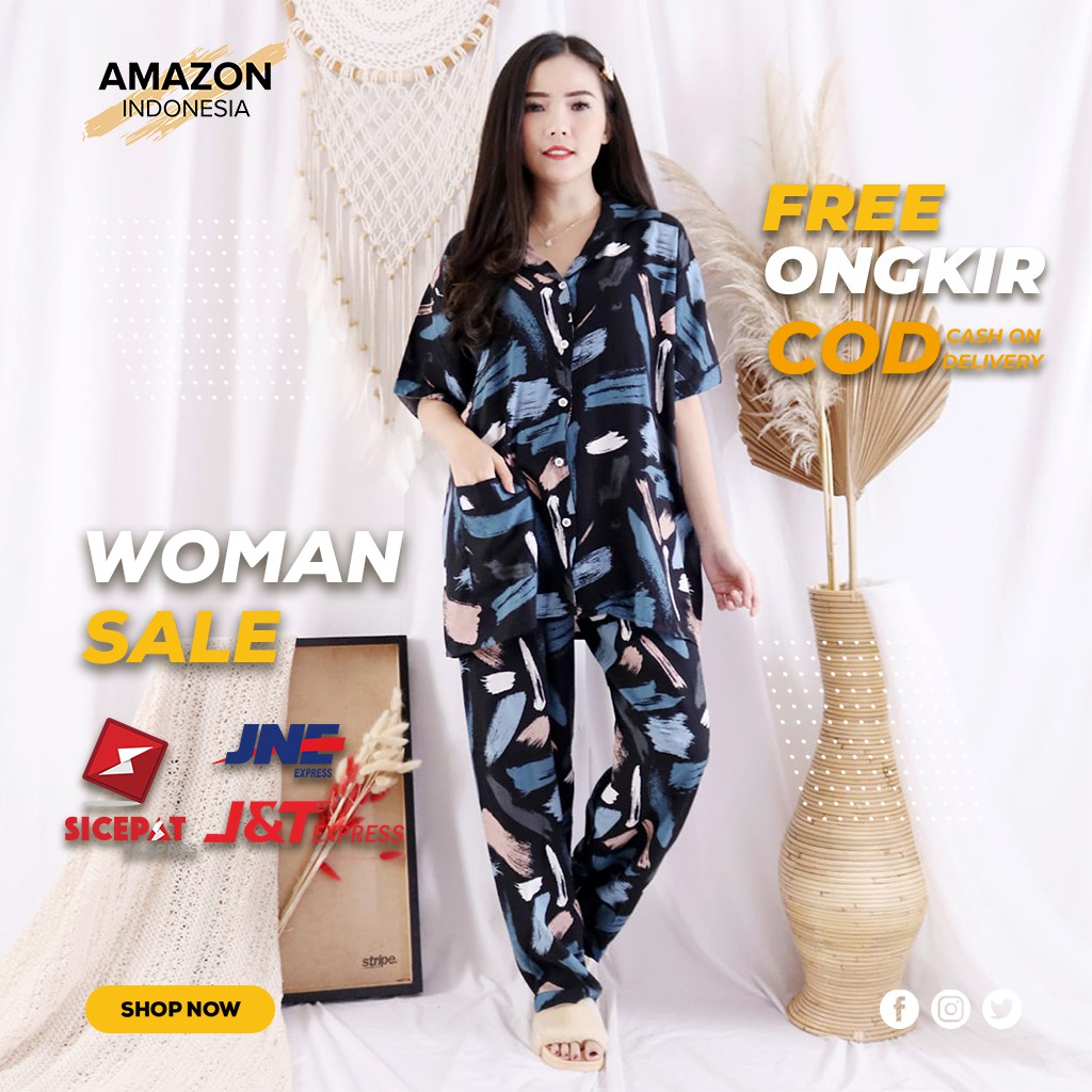 PIYAMA WANITA LENGAN PENDEK CELANA PANJANG WARNA BLACK UKURAN JUMBO BAHAN RAYON DINGIN ORI IMPORT