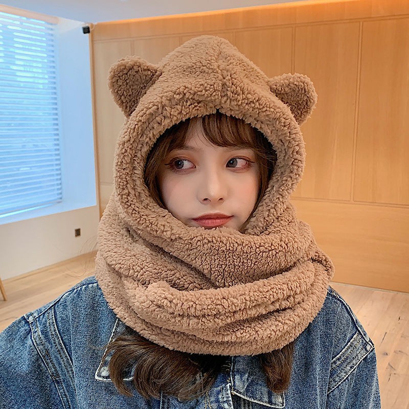 SYBR syal kupluk beruang bulu tebal halus imitasi musim dingin winter shawl