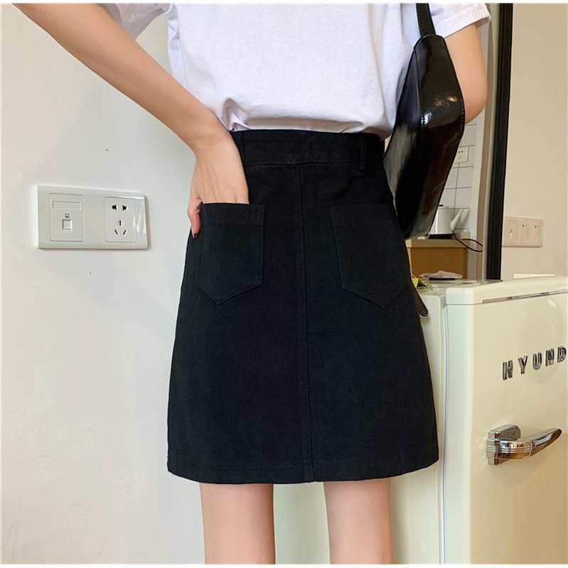 Rok denim hitam rok a-line pinggang tinggi wanita yang baru