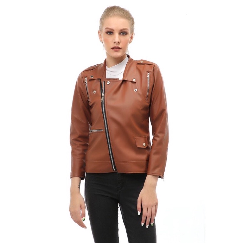 COD Jaket Kulit Casual Wanita Zipper Coklat / Jaket kulit Wanita Racing