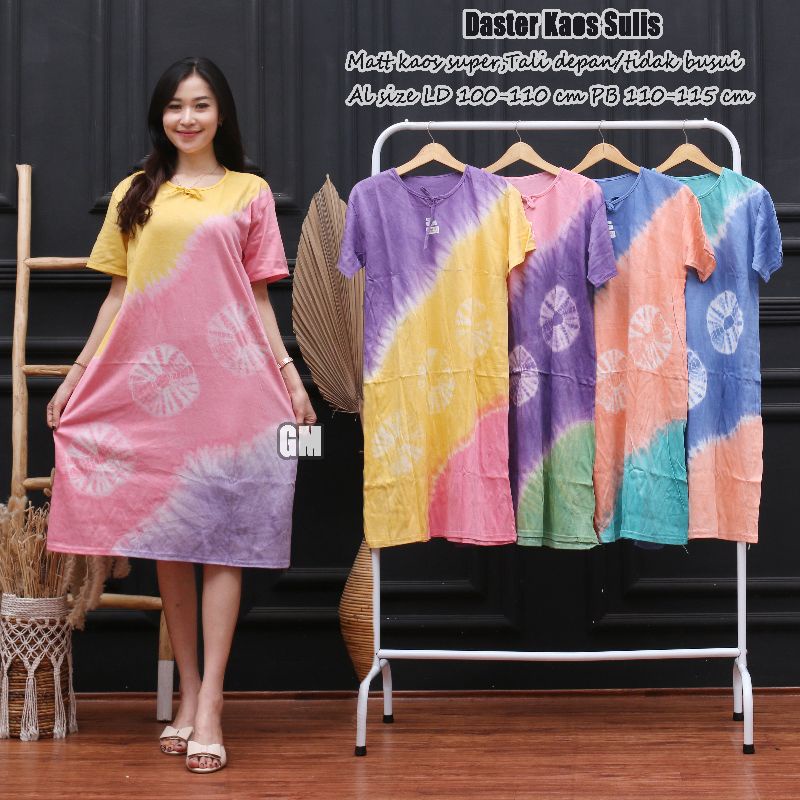 Daster kaos pelangi tye dye kain tebel adem