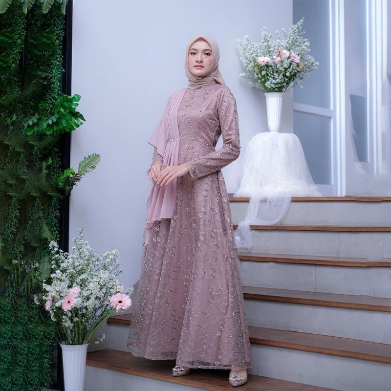 Gamis Brokat Tille Mutiara Terbaru Dress Lebaran Pesta Seragaman Gamis Bridesmaid