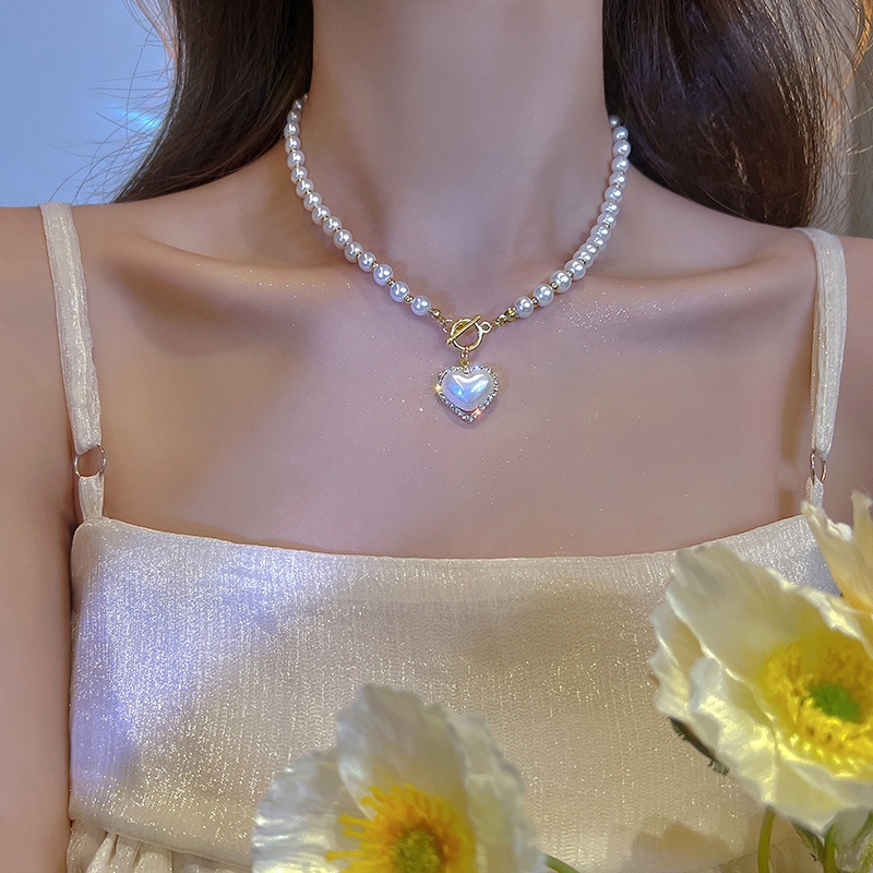 Kalung Choker Dengan Liontin Bentuk Hati Aksen Mutiara Kristal Untuk Wanita