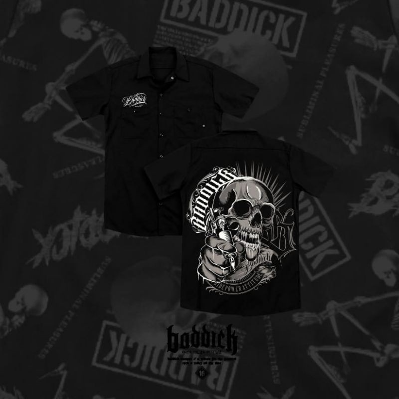 KEMAJA BADDICK WORKSHIRT PRIA COWOK HITAM LENGAN PENDEK MOTIF TENGKORAK BESAR TATO FULL SABLON