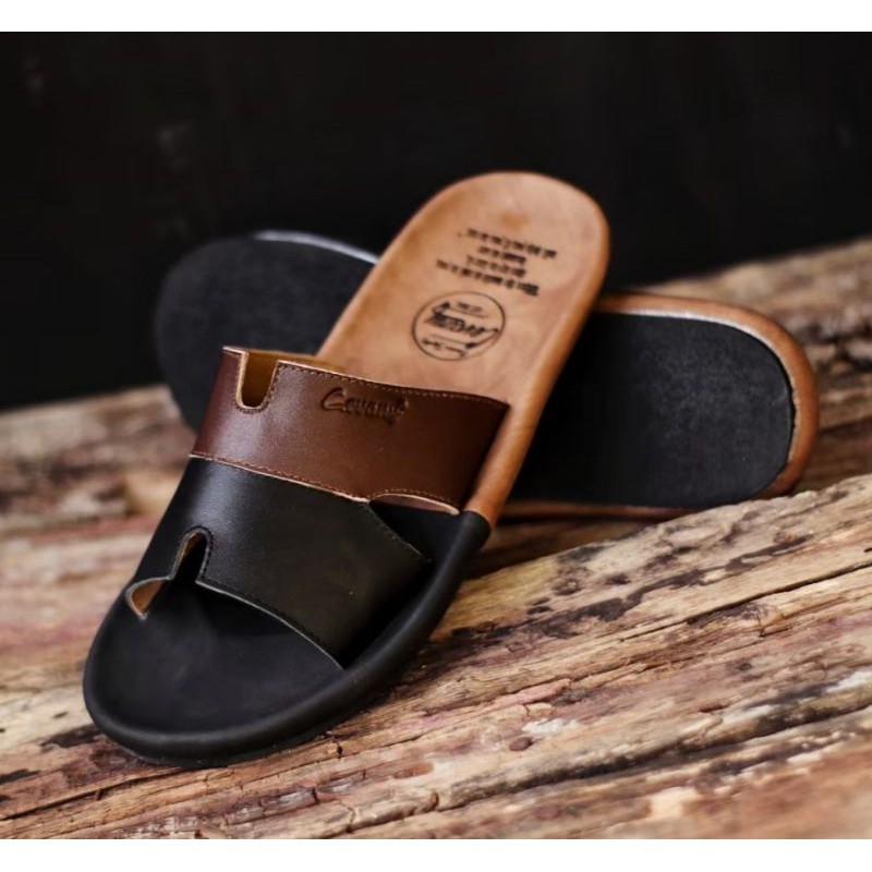 BELI 2 ONGKIR 1! SANDAL FULL KULIT ASLI CEVANY 07 COMBI BLACK BROWN TAN ORIGINAL