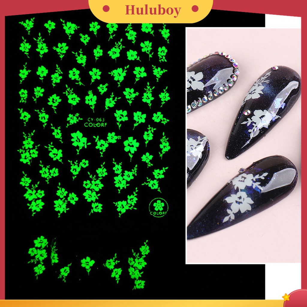 Huluboy Huluboy♡ 9 Pcs / Set Stiker Kuku 3D Glow In The Dark Desain Kupu-Kupu Bunga Slider Untuk Manicure