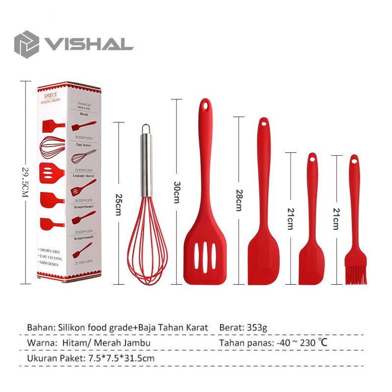 VISHAL Spatula Peralatan Masak Sutil Silikon Non Stick Cooking 5 Pcs Kitchenware Spatula Set VS-1808