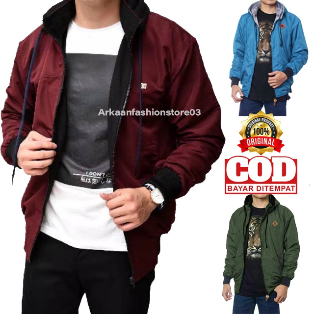 [ COD ] AKN- JAKET BOLAK BALIK PRIA / JAKET PARASUT EBAL DAN NYAMAN / JAKET MOTOR / JAKET HOODIE 2IN1 TERMURAH