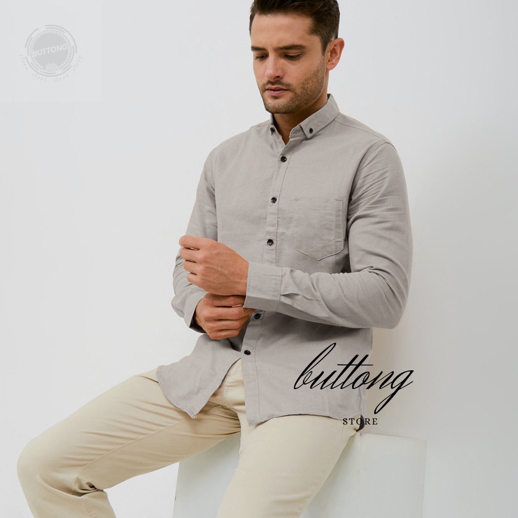 kemeja panjang polos linen panjang slim fit kasual berwarna abu abu kekinia berukuran M L Xl