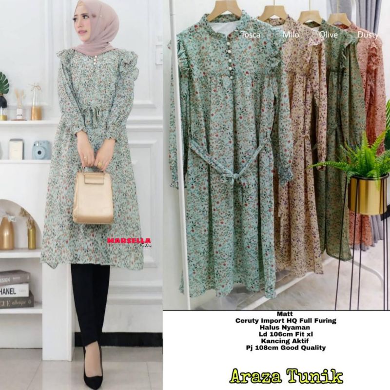 LONG TUNIK TERMURAH PREMIUM MOTIF BORDIR BUNGA CERUTY IMPORT ARAZA LONG TUNIK BY MARSELLA HIJAB FASH