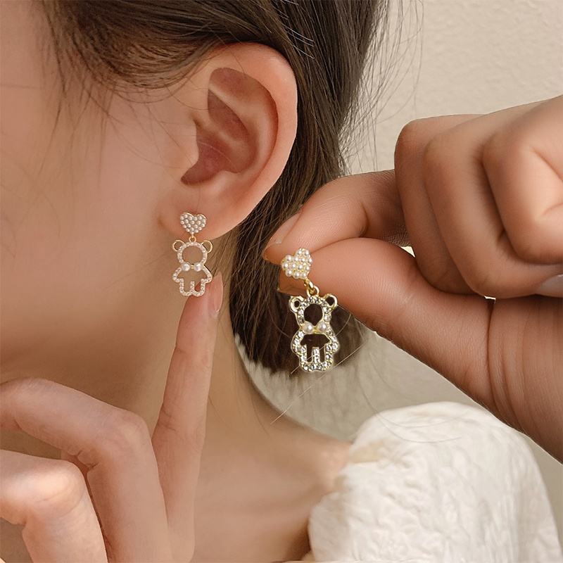 Wanita Pengantin Pernikahan Drop Earrings Elegan Hati Menjuntai Antingfashion Mutiara Beruang Liontin Anting
