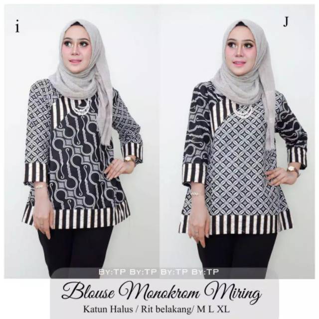 Blus Monokrom Miring Batik Modern Baju Wanita Muslimah Kantor Kasual