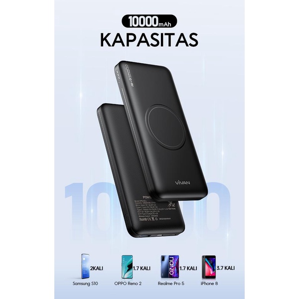 MINIGO~VIVAN VPB-W11 Wireless Powerbank 10000 mAh 22.5W Fast Charging QC With Cable Type-C 5A VIVAN Power Bank Wireless Fastcharging 10000mAh VPB-W11 GARANSI 1 TH