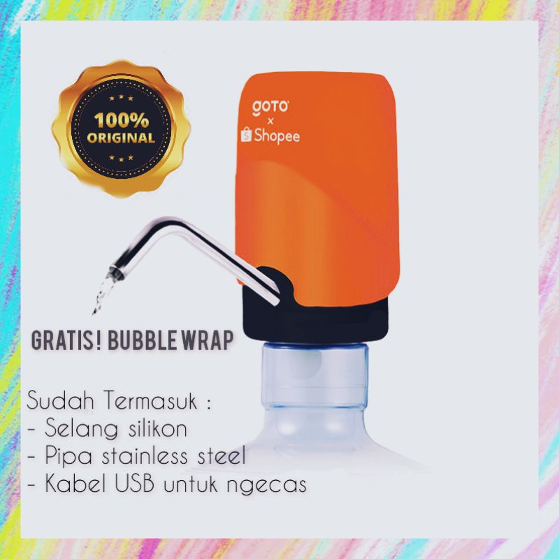 GOTO Aron X Shopee Pompa Galon Elektrik Pencetan Air Minum Otomatis Murah Dispenser Alat Pemompa Kompa Kran Pancuran Galon Bawah Baterai Cas Automatic Water Pump Electric USB Charger Portable Recharge Warna Orange Original Goto Hardware ok