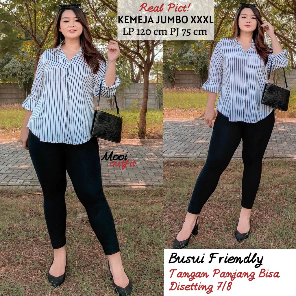 Kemeja Salur Oversize Wanita Jumbo Silang Belakang Atasan Kekinian Stripe