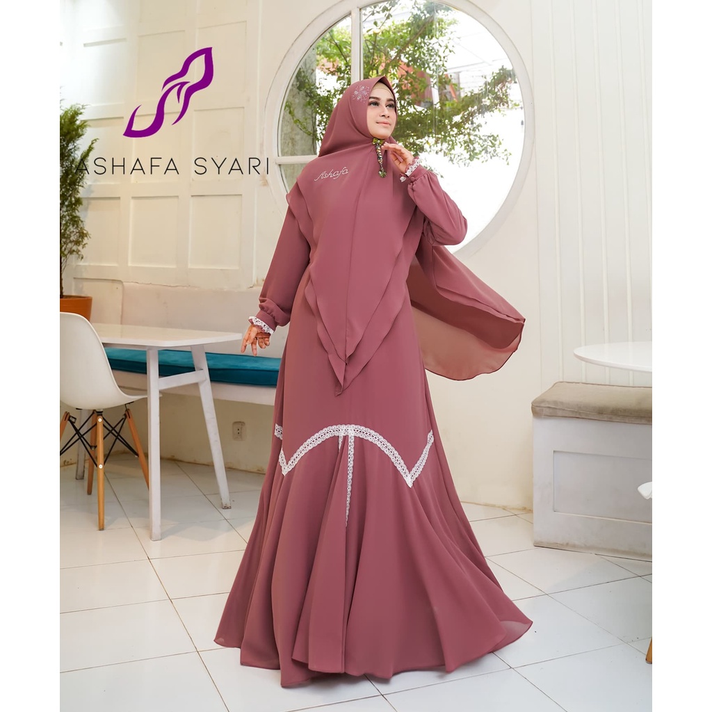 Baju Muslim Wanita Ashafa Gamis Syari Set Khimar Instan Pakaian Cewek Gaun Pesta Muslimah Pengajian 