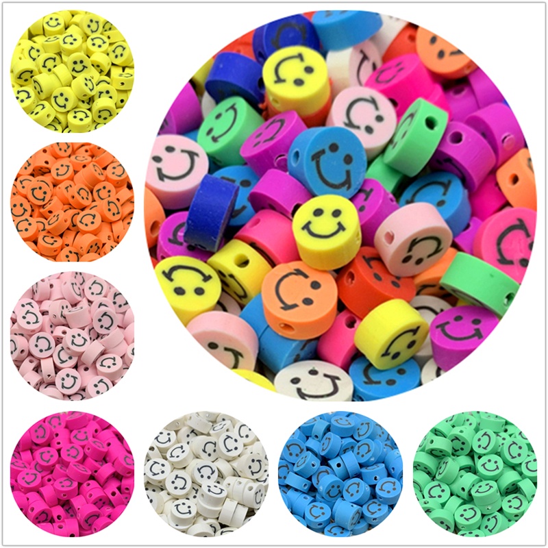 20pcs / Lot Manik-Manik Bulat Motif Smiley Bahan Polymer Clay 10mm Untuk Membuat Perhiasan Handmade DIY