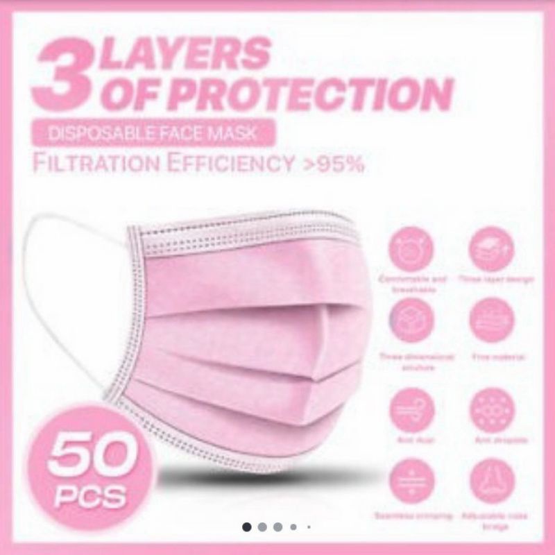 50PCS MASKER 3PLY EARLOOP ICARE WARNA PINK