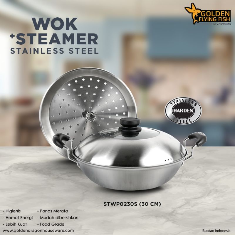 Wok Pan Steamer Harden Stainless Steel 28cm Golden Flying Fish