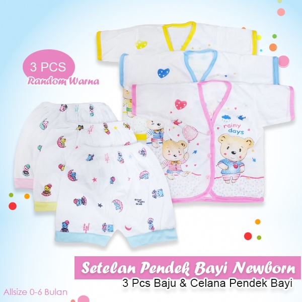 3 Pasang Setelan Baju dan Celana Pendek Bayi Newborn Motif Karakter Lucu