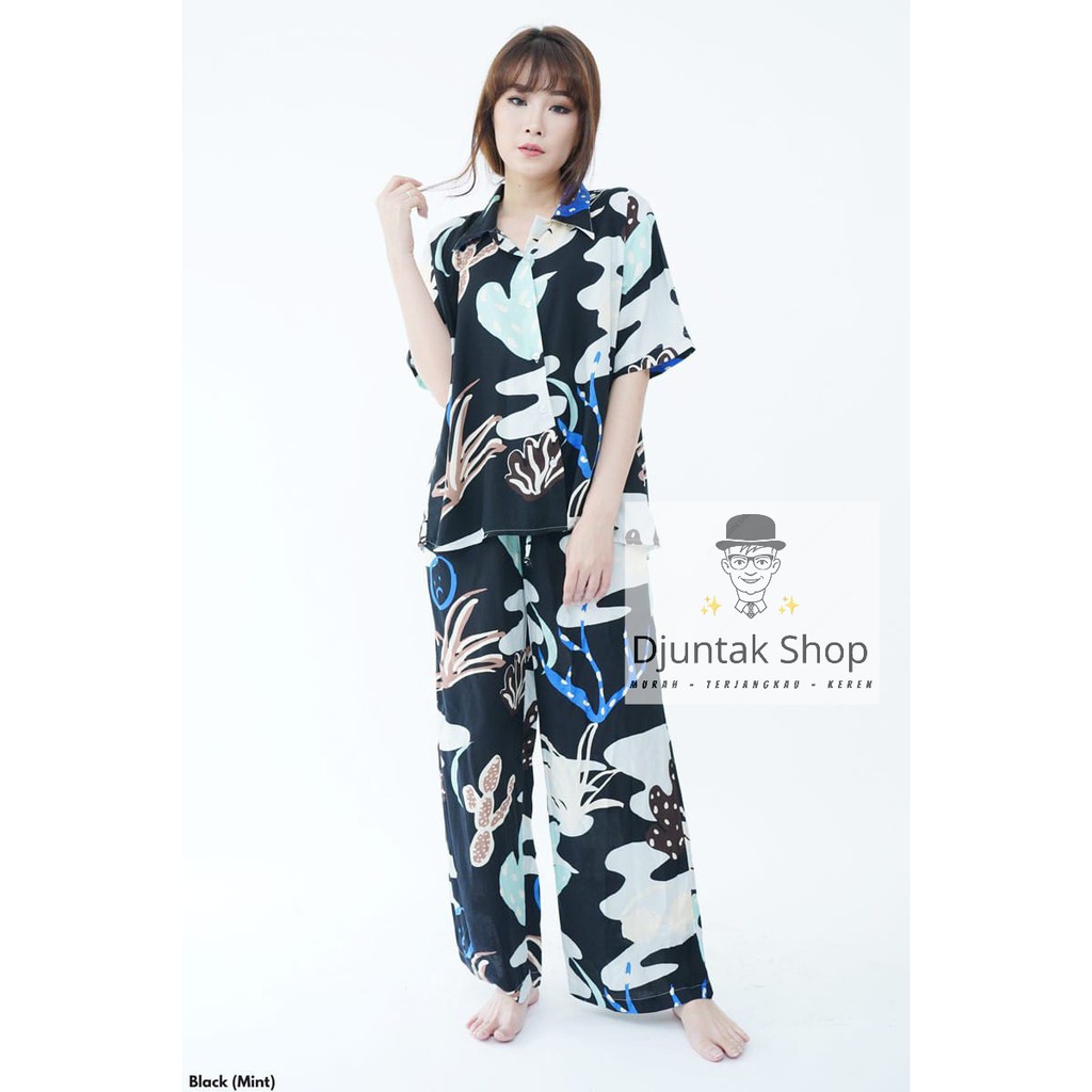 Set Piyama Wanita Handmade Tangan Pendek Celana Panjang Bahan Katun Rayon Motif Kaktus Bahan Adem