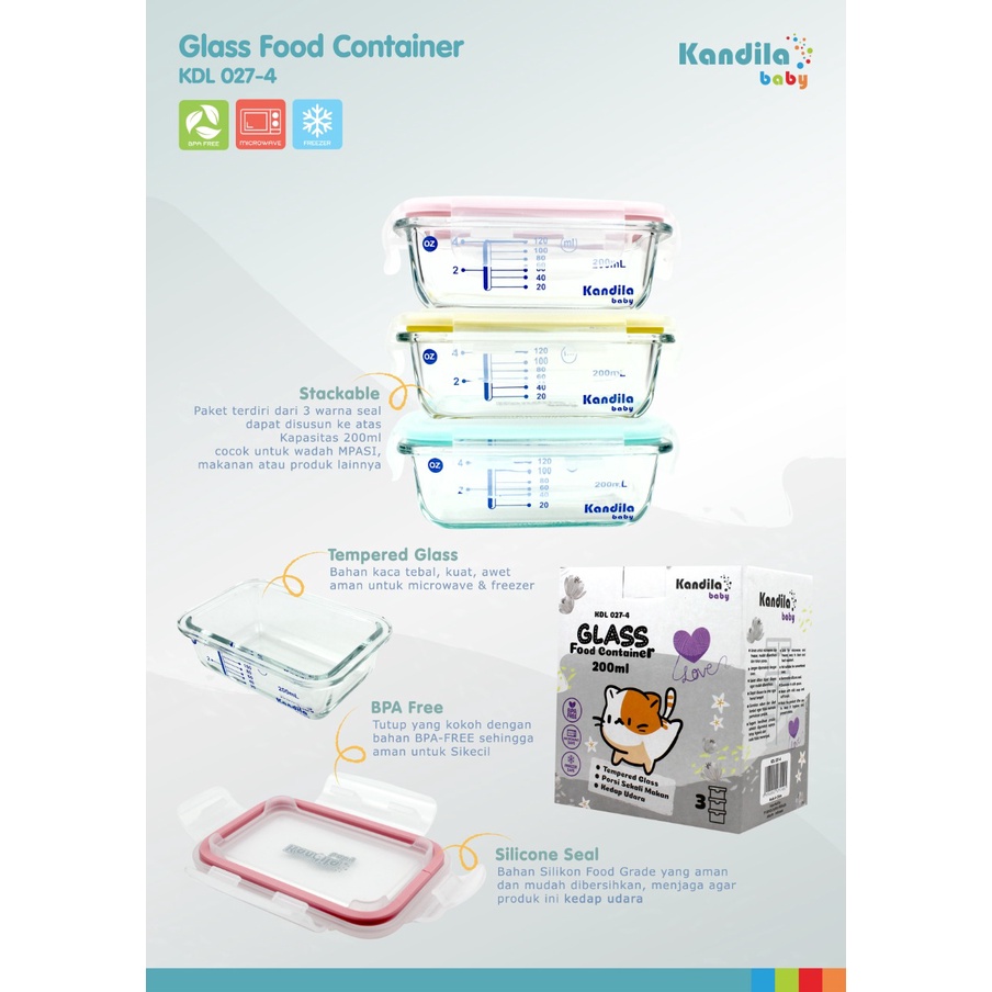 KANDILA GLASS FOOD CONTAINER (KDL027-2 / KDL027-3/ KDL027-4/ KDL027-5/ KDL027-6/ KDL027-7/ KDL027-8/ KDL027-9) / WADAH MAKANAN BAYI/ TEMPAT MPASI