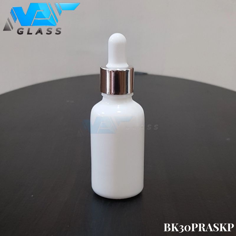 botol kaca pipet 30ml tebal putih susu - ring almunium silver