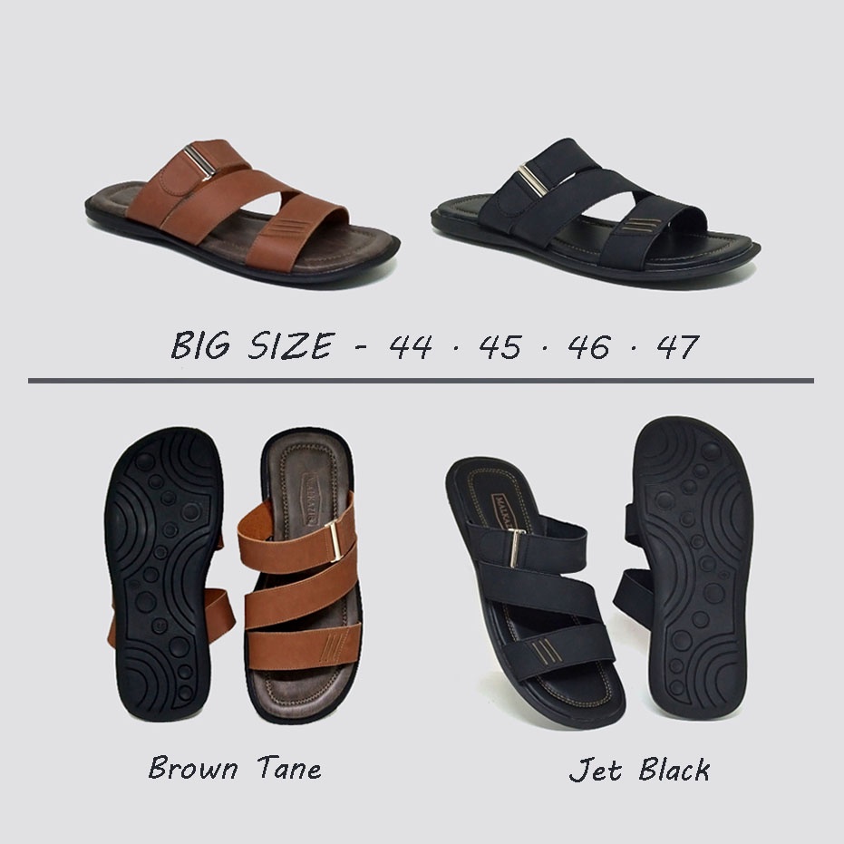 Sendal Kulit Asli / Sandal Pria Big Size Ukuran Jumbo 44 45 46 47 / Sandal Cowo Ukuran Besar - Mzio J09 Hitam Coklat