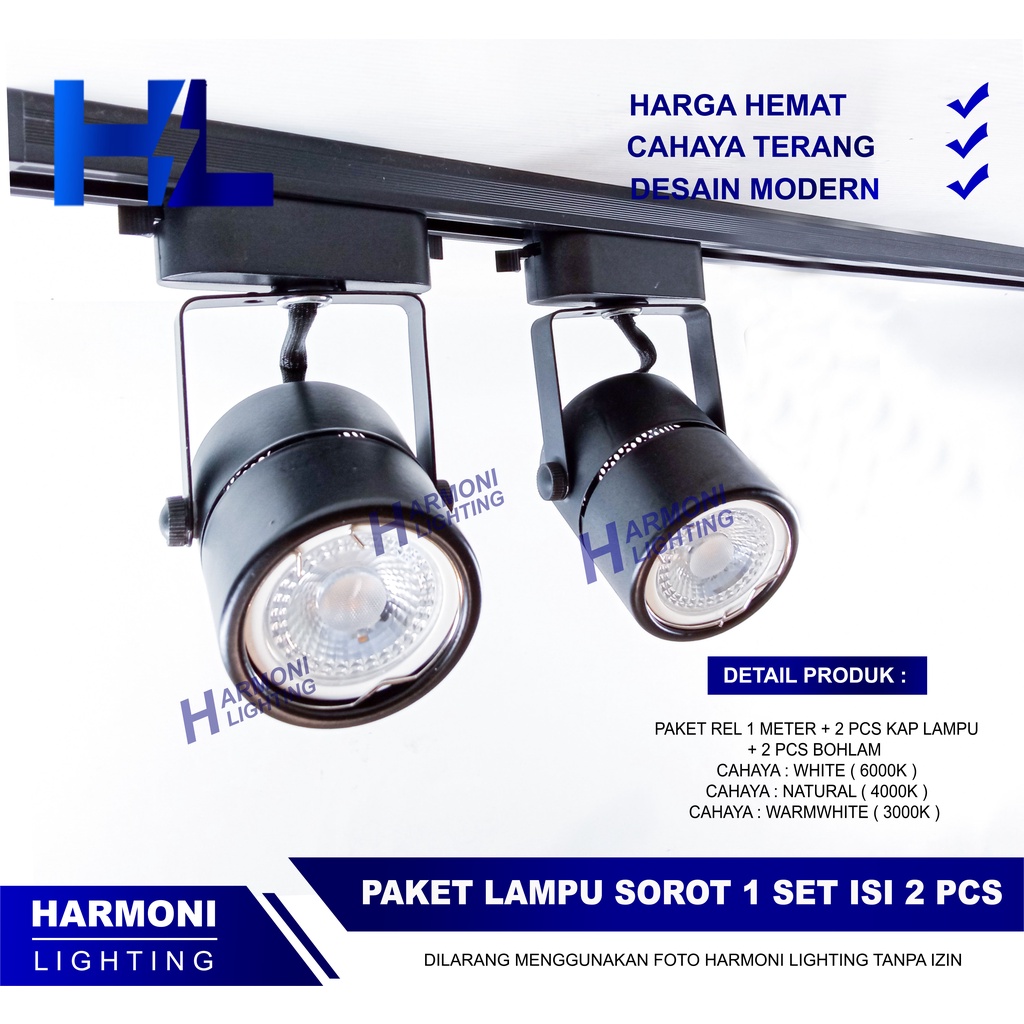 Lampu Sorot Rel LED Set isi 2 - Spotlight, Spot, Track Light, Hitam Putih, Bisa Ganti Bohlam