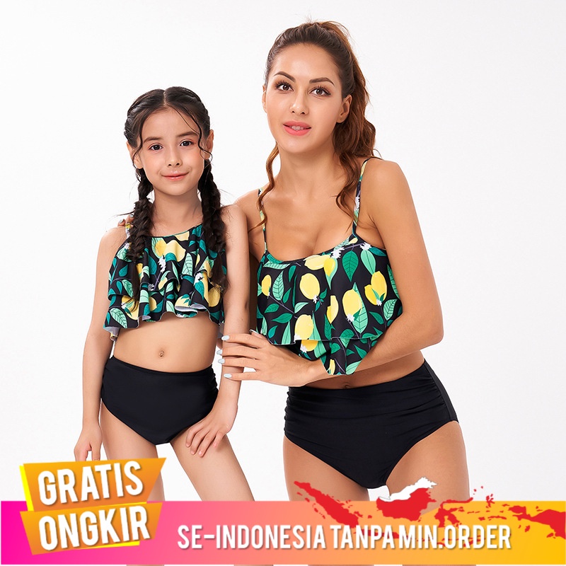 Pakaian Renang Orangtua-Anak   Lemon Printing High Waist Bikini Bikini  Kerut-kerut Baju Renang Hits