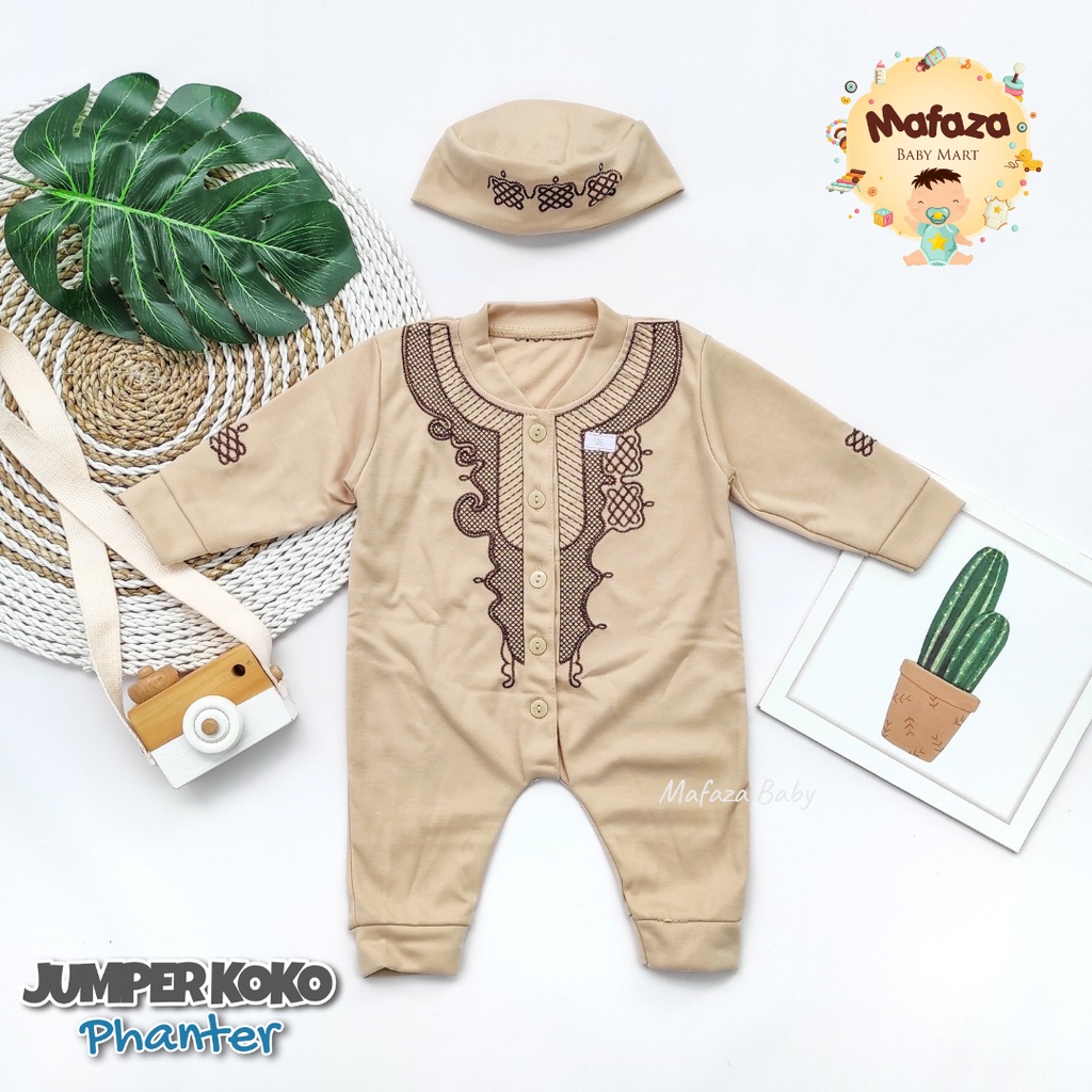 MAFAZABABY Set Jumper Romper Koko Bayi Baju Muslim Anak Bayi Laki-laki Newborn Koko Aqiqah(0-6bulan)-Motif 1 coklat