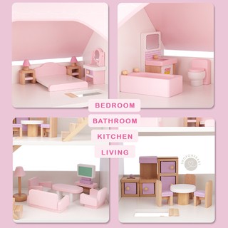 3-Storey Pink Villa Wooden Doll House Role Play Pretend Play Kids Toys