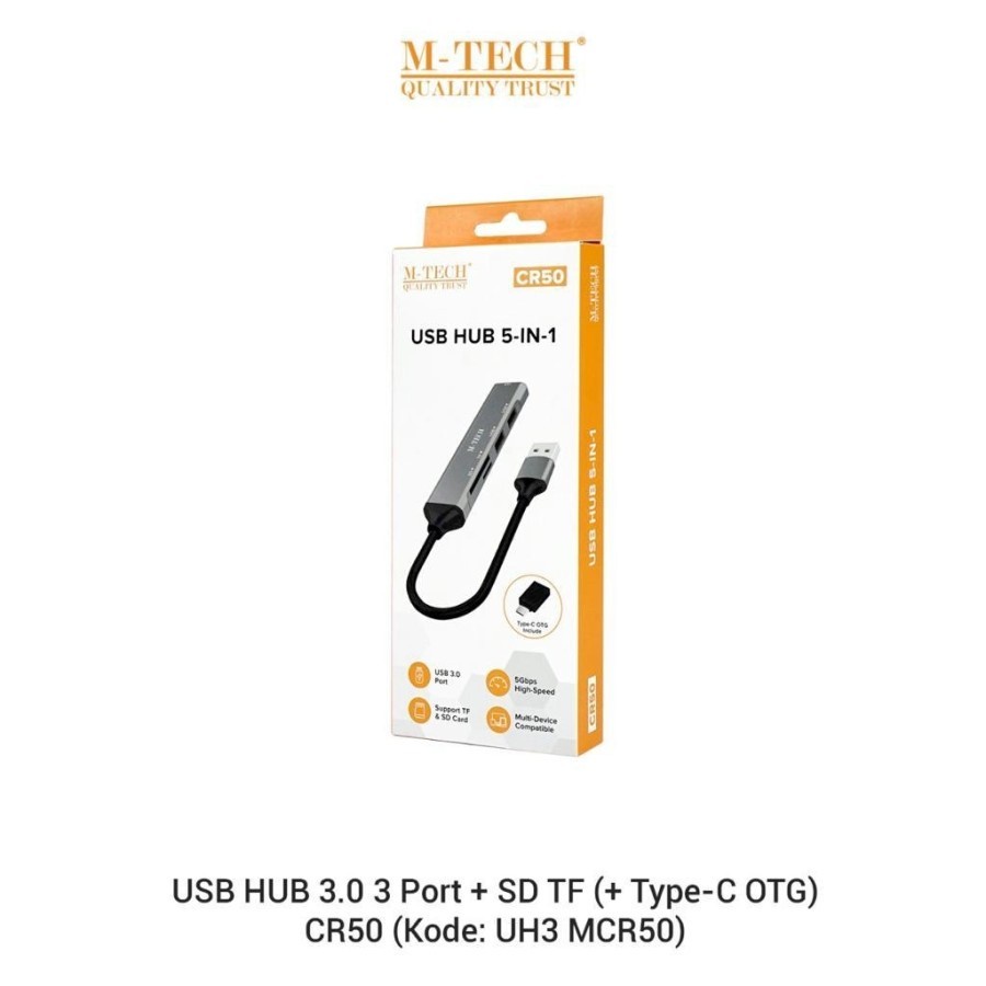 USB Hub 5in1 Mtech CR50 USB3.0, Card Reader (SD Card, MicroSD) + TypeC