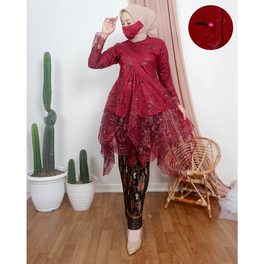 ADE> SET KEBAYA TUNIK AMANDA - OUTFIT KEBAYA MODERN - TUNIK TILLE KEBAYA MUTIARA / KEBAYA KONDANGAN-maroon