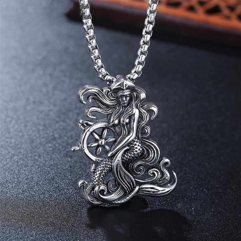 Kalung Liontin Putri Duyung Kapten Bahan Stainless Steel Warna Silver Gaya Vintage Untuk Pria Dan Wanita