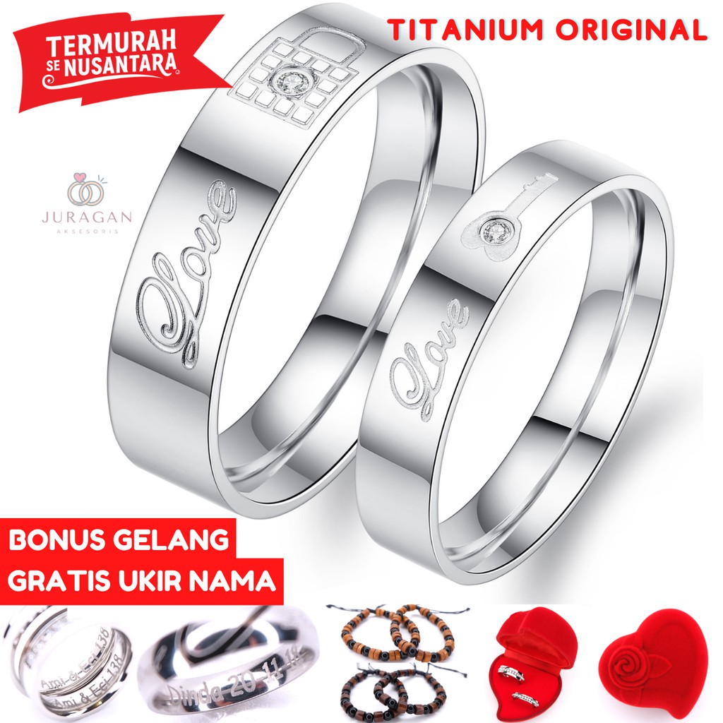 [AILOVIU] Cincin Couple Romantis R23 Titanium Ukir Nama Gembok Kunci Silver Emas Putih Unik Pria Wanita Tunangan Paladium Stainless Steel