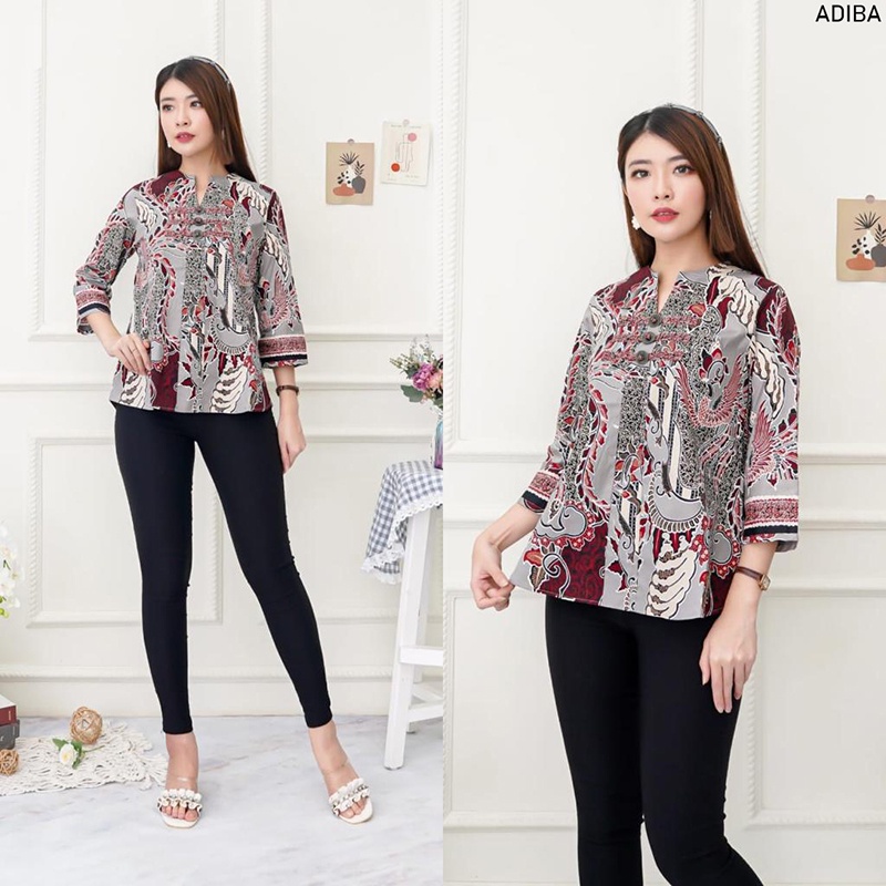 Evercloth Adiba Blouse Wanita Atasan Wanita Blouse Batik Wanita Lengan Panjang Atasan Batik Wanita 3/4 Koin Kancing Batik Couple Set Family Sarimbit Abu Grey Silver