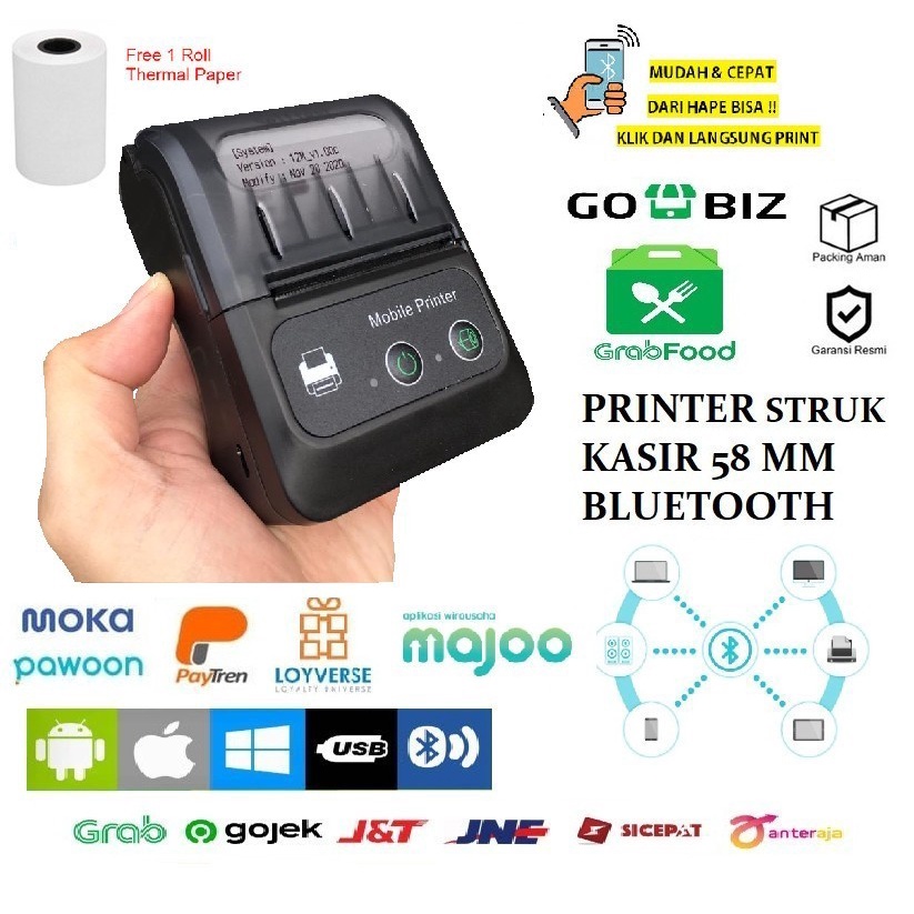 MOBILE PRINTER BLUETOOTH MINI STRUK KASIR PEMBAYARAN (SUPPORT HP ANDROID+IOS) 58MM + BONUS KERTAS GO