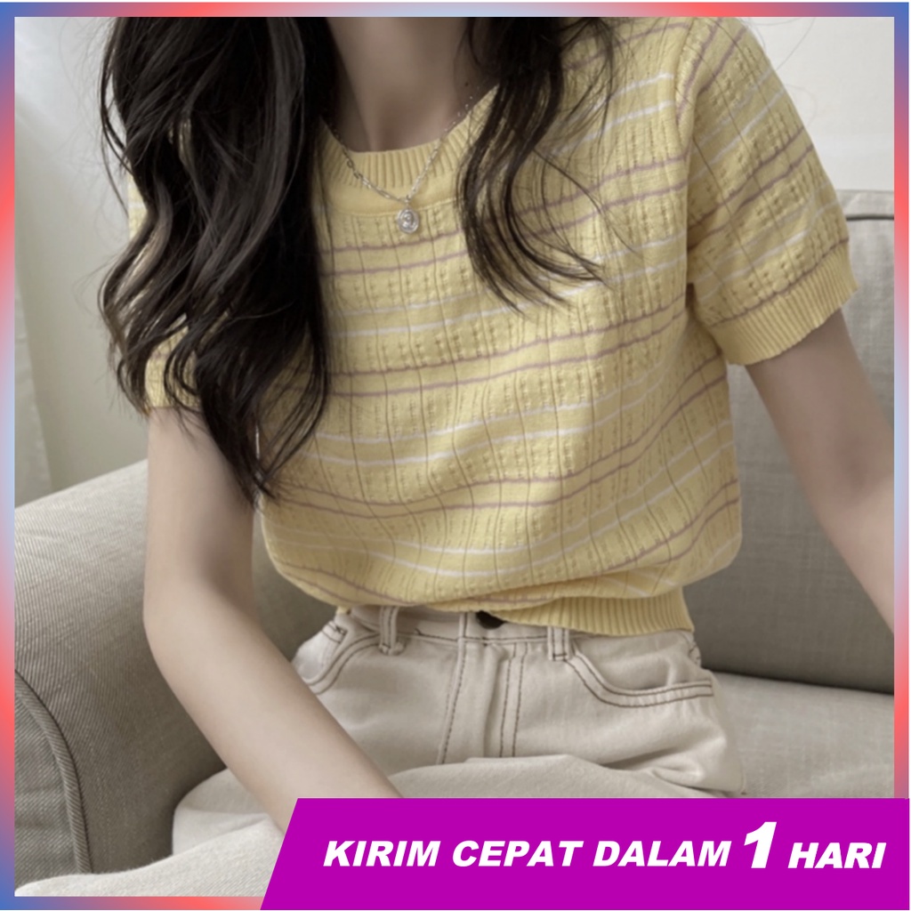 Super66 Baju Atasan Wanita Korean Knit Crop Top/ Korean Stripped/ stripped short sleeve
