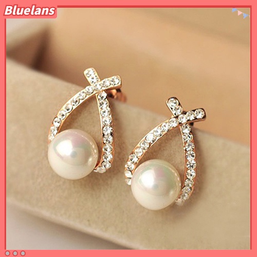 Bluelans Anting Tusuk Wanita Desain Salib Hias Mutiara + Berlian Imitasi Untuk Pernikahan / Hadiah