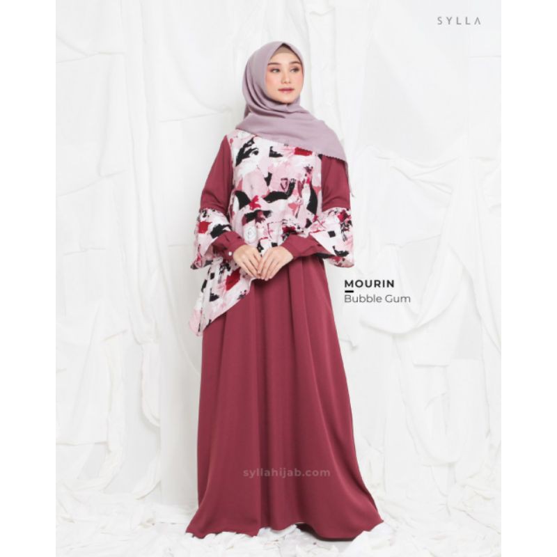 Mourin Dress Gamis Sylla Polos Kombinasi Motif Cantik Busui Terbaru Warna Merah Hitam Abu Coklat
